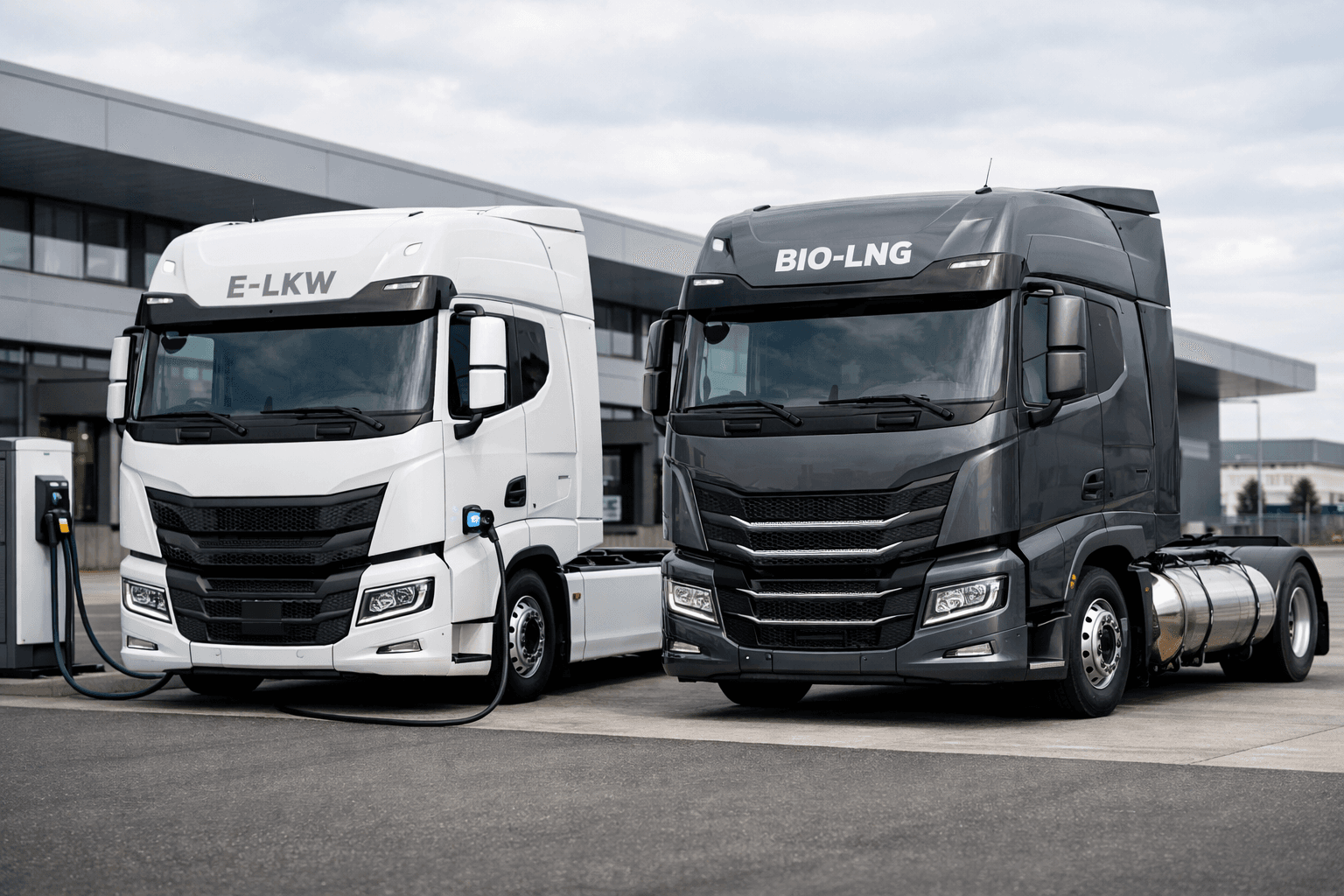 E-LKW und Bio-LNG-Truck nebeneinander